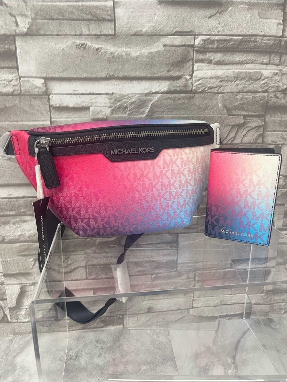 Michael Kors Cooper Ombré MK Logo Belt Bag & Matching Wallet Pink Blue White